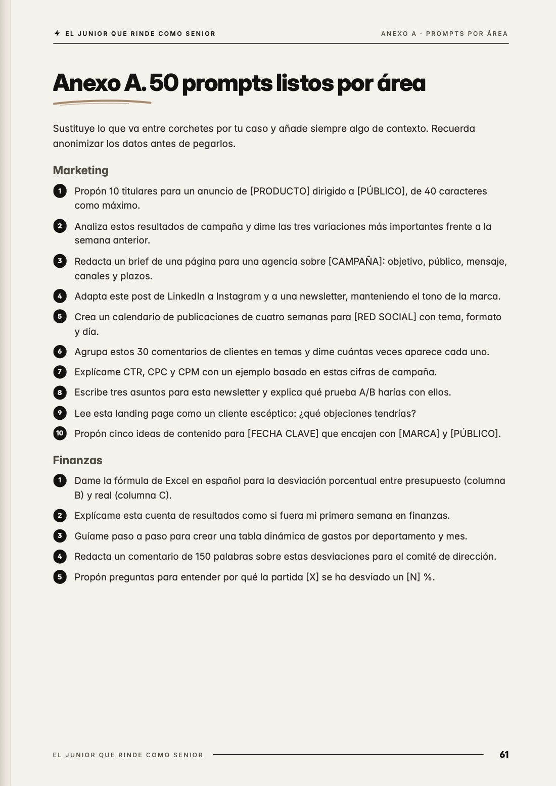 Página de muestra: 50 prompts por área