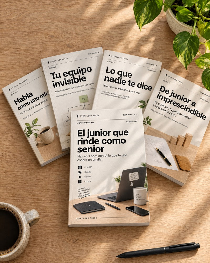 Las cinco guías del pack sobre una mesa de roble